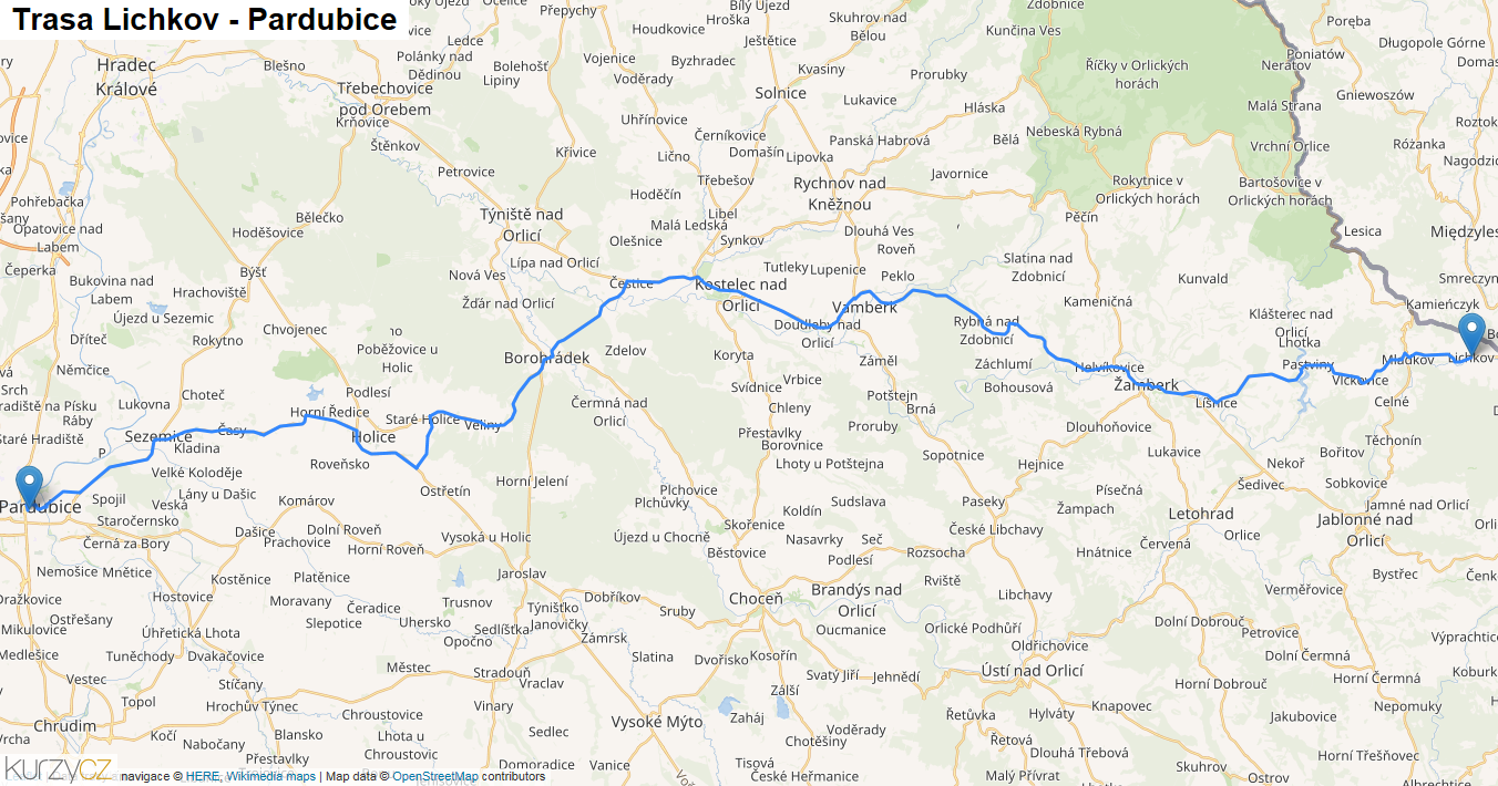 Lichkov-Pardubice, mapa trasy