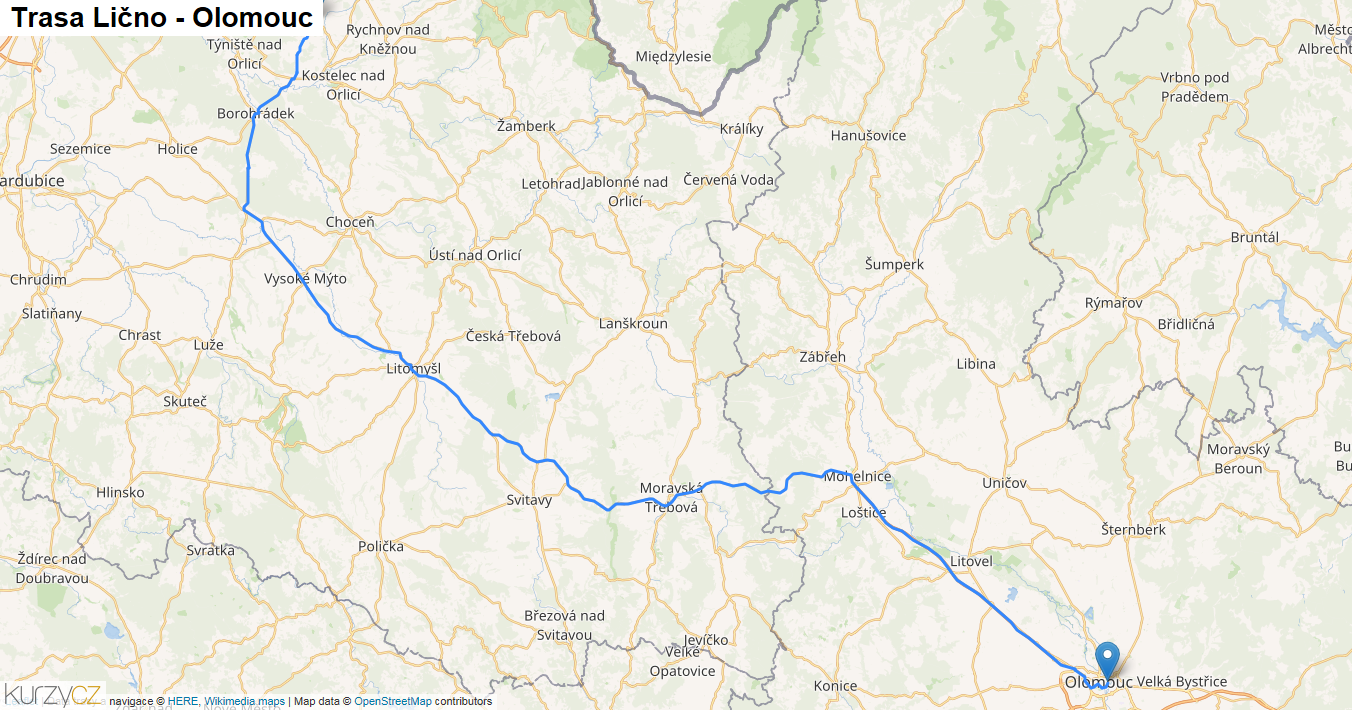 Lično-Olomouc, mapa trasy