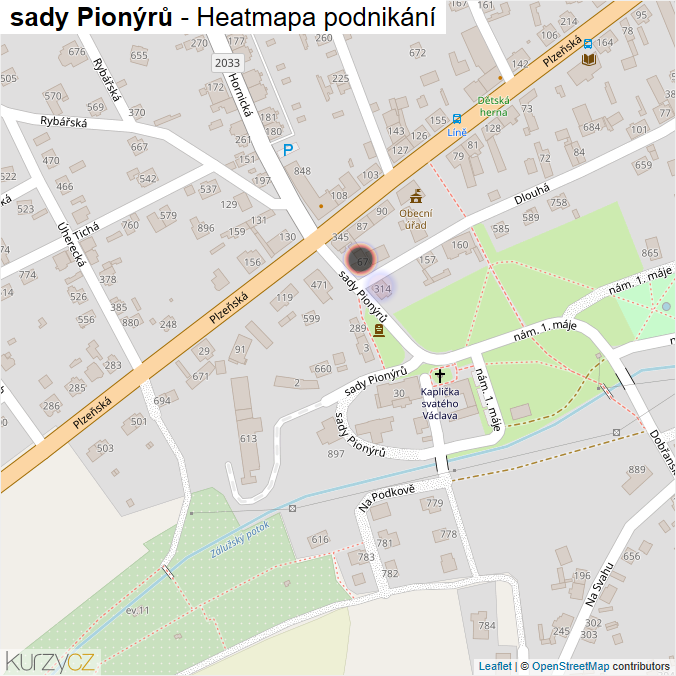 Mapa sady Pionýrů - Firmy v ulici.