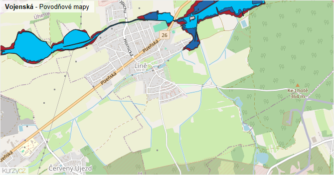Vojenská - záplavové mapy stoleté vody