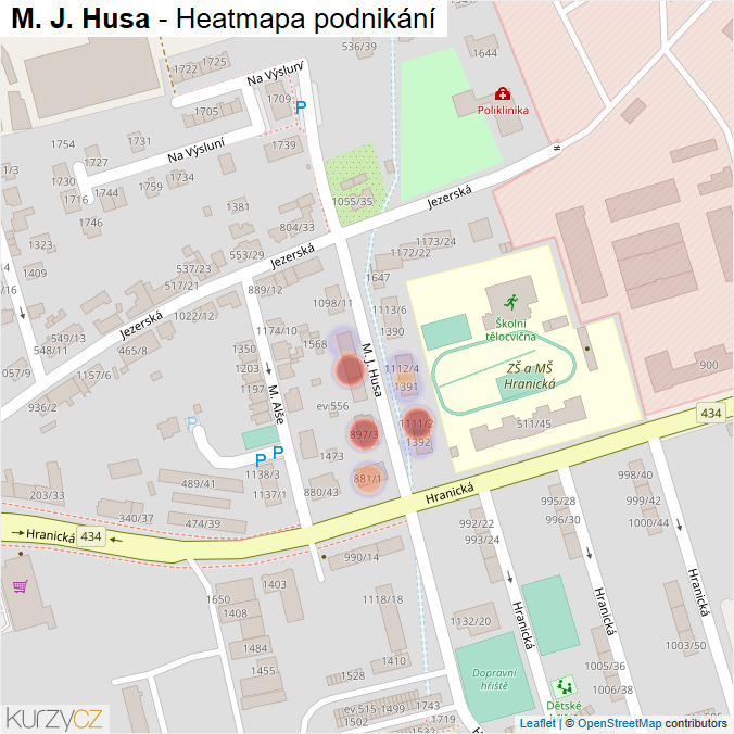 Mapa M. J. Husa - Firmy v ulici.