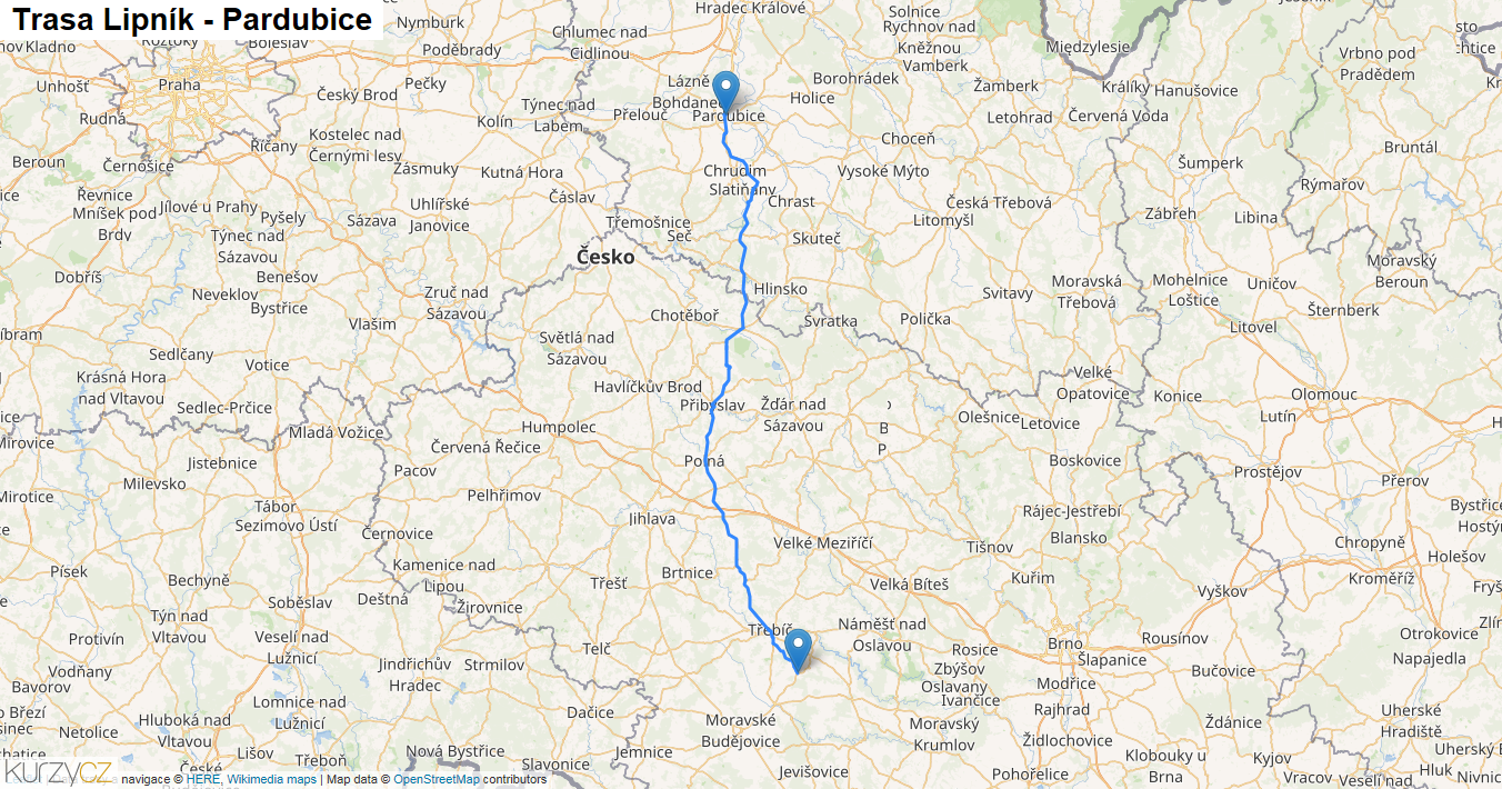 Lipník-Pardubice, mapa trasy