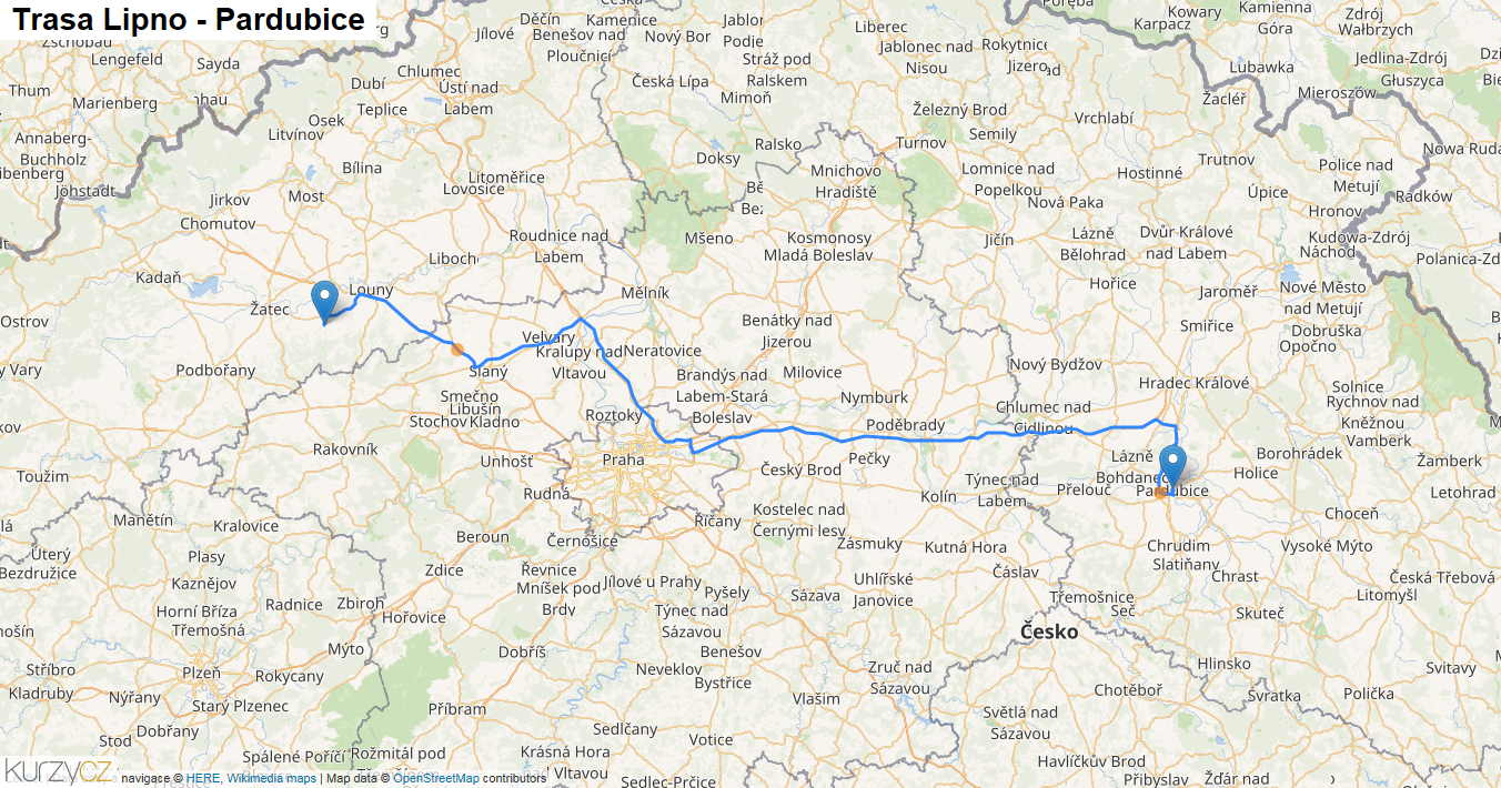 Lipno-Pardubice, mapa trasy