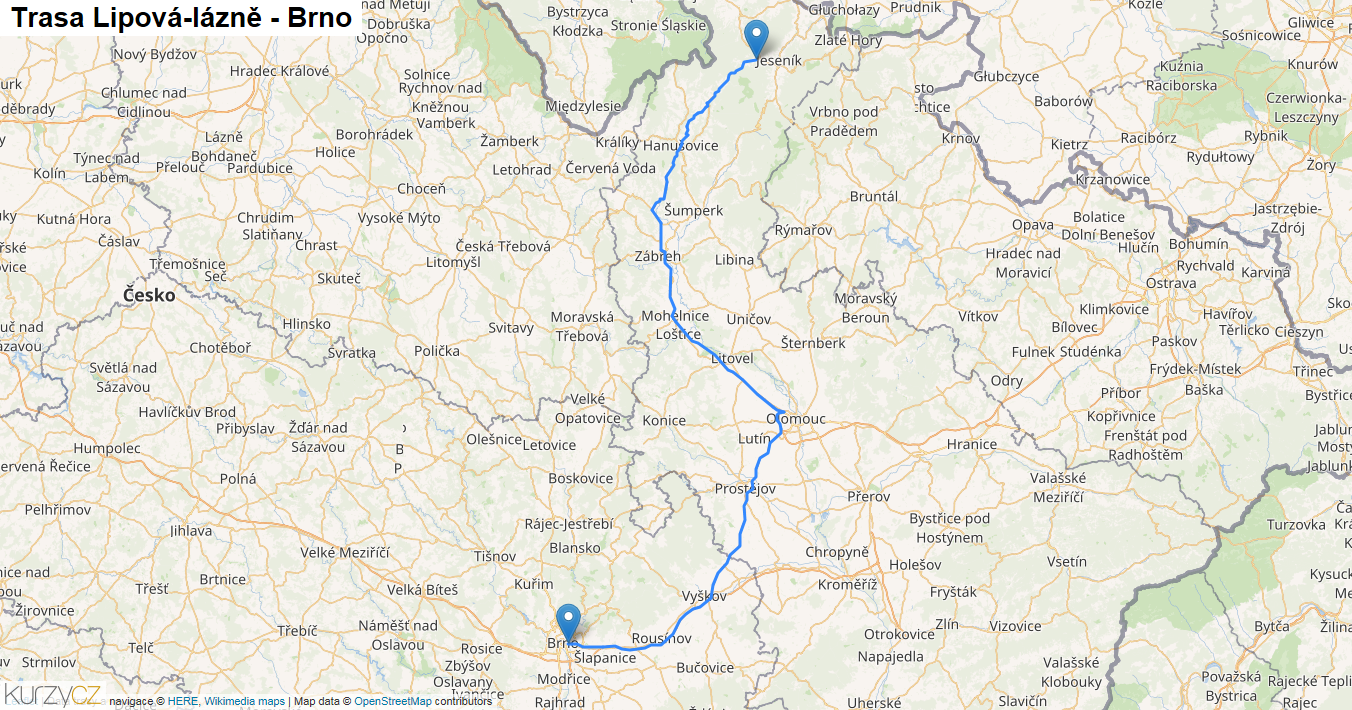 Lipová-lázně-Brno, mapa trasy