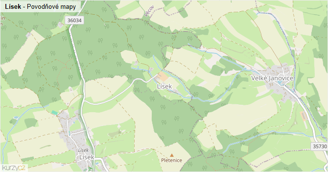 Lísek - záplavové mapy stoleté vody