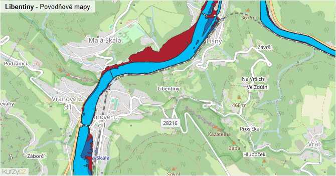 Libentiny - záplavové mapy stoleté vody