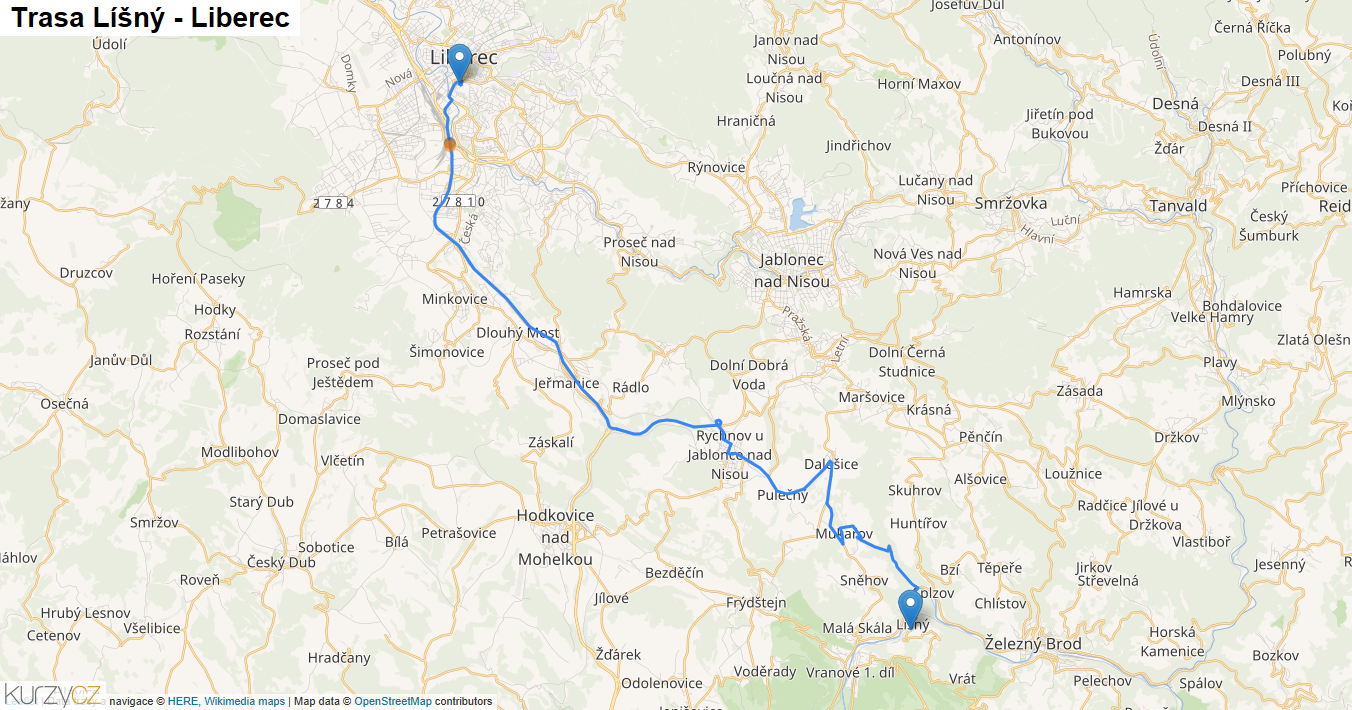 Líšný-Liberec, mapa trasy