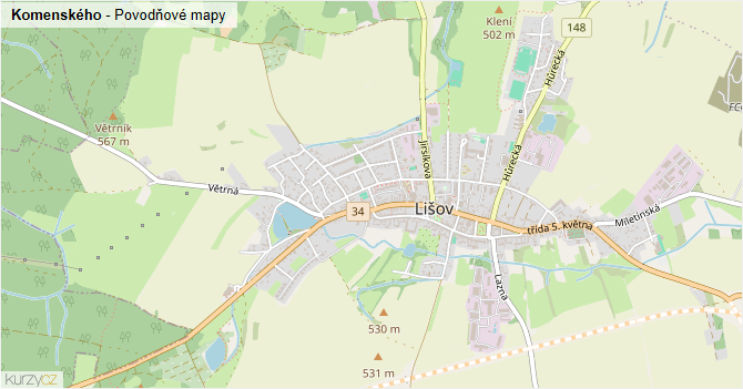 Komenského - záplavové mapy stoleté vody