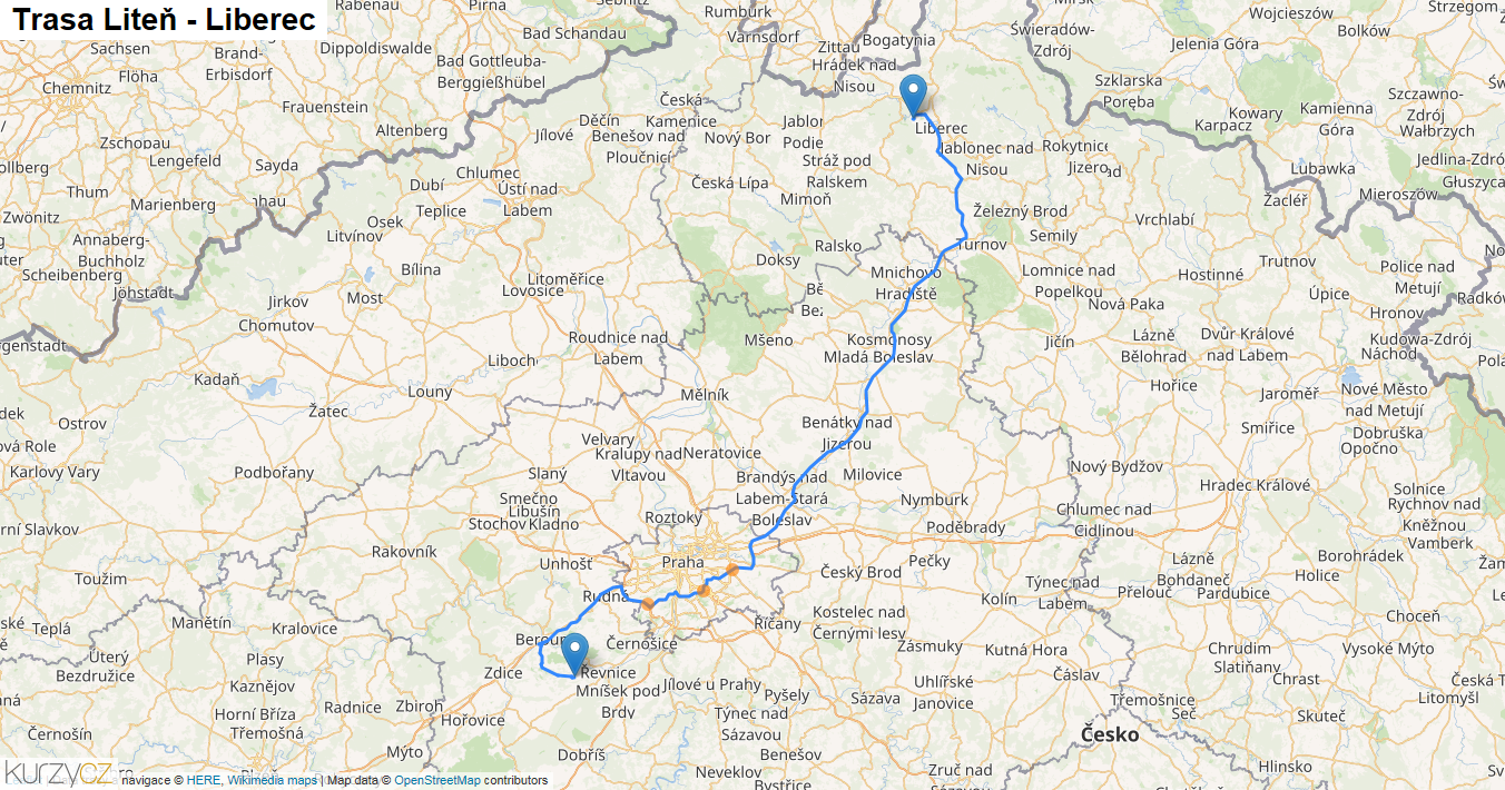 Liteň-Liberec, mapa trasy