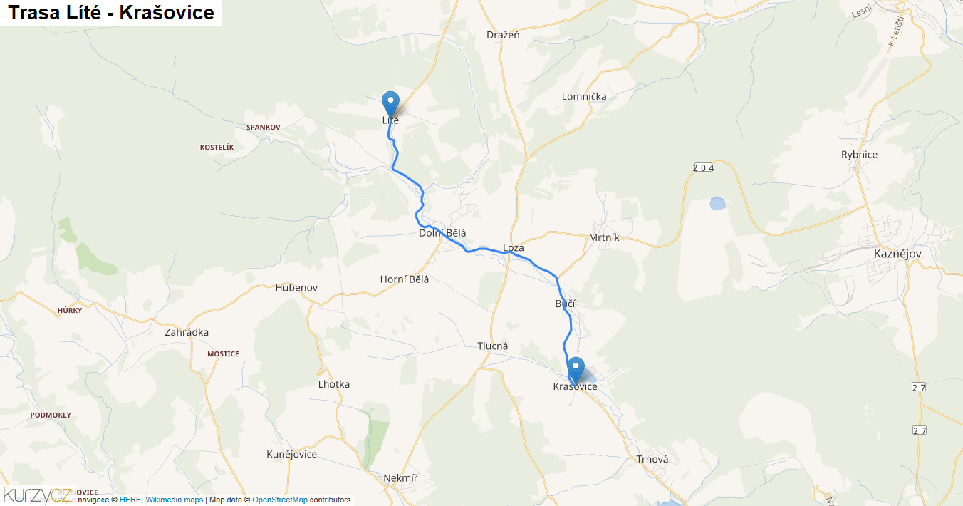 Líté-Krašovice, mapa trasy