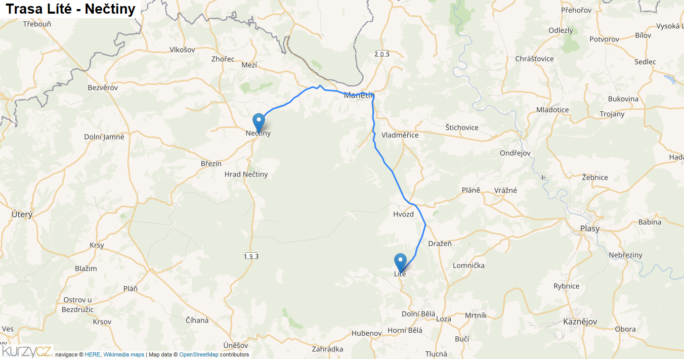 Líté-Nečtiny, mapa trasy