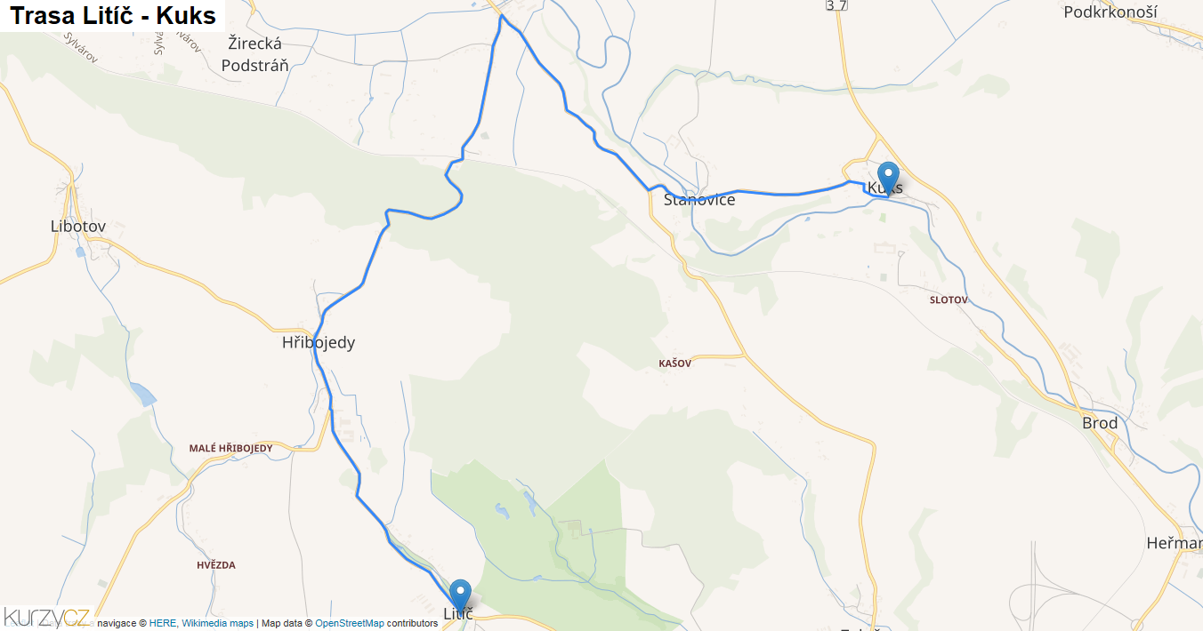 Litíč-Kuks, mapa trasy