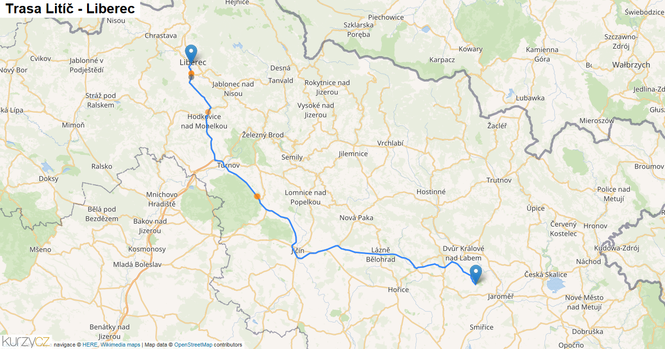 Litíč-Liberec, mapa trasy