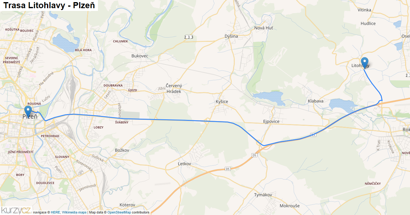 Litohlavy-Plzeň, mapa trasy