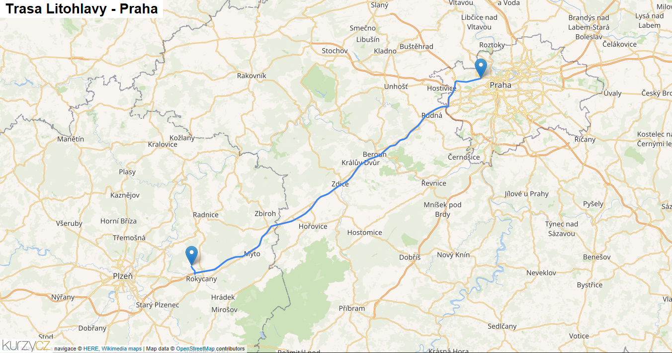 Litohlavy-Praha, mapa trasy