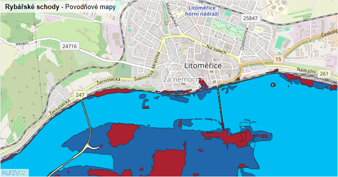 Rybářské schody - záplavové mapy stoleté vody