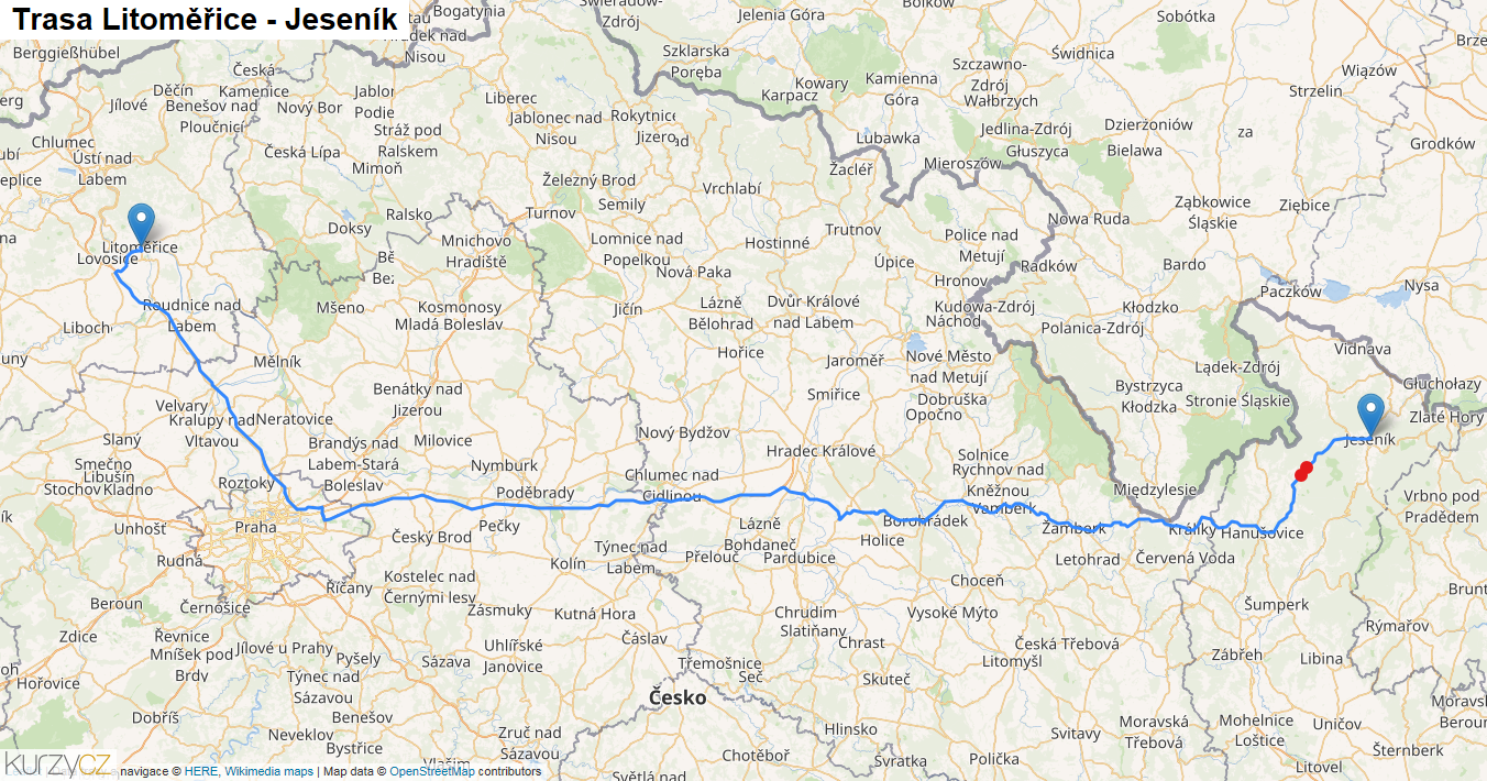 Litoměřice-Jeseník, mapa trasy
