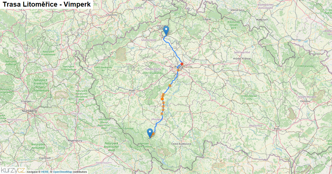 Litoměřice-Vimperk, mapa trasy