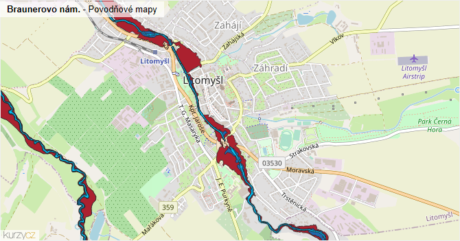 Braunerovo nám. - záplavové mapy stoleté vody