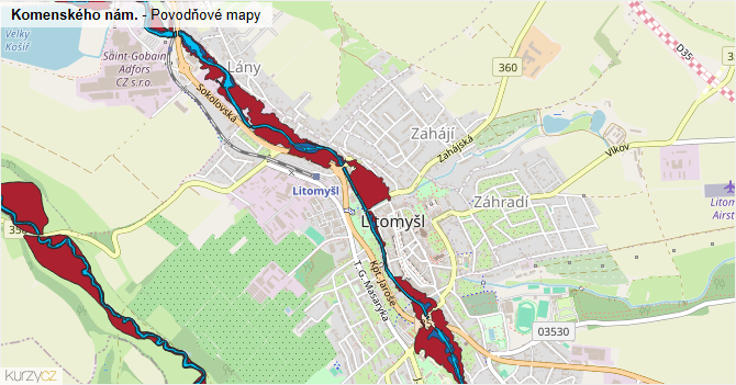 Komenského nám. - záplavové mapy stoleté vody