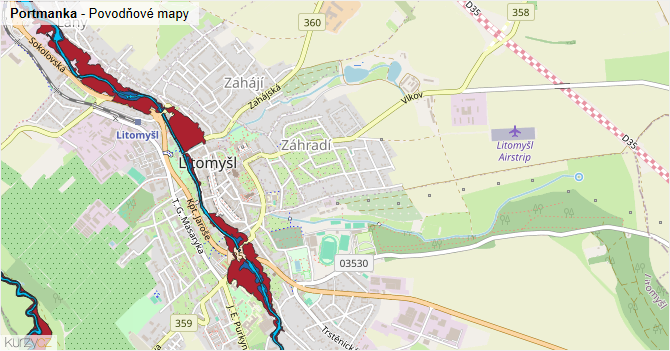 Portmanka - záplavové mapy stoleté vody