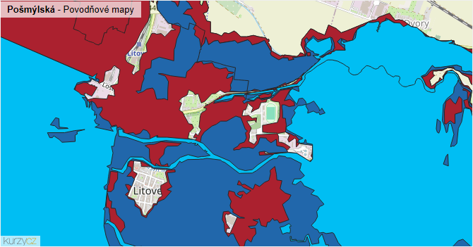 Pošmýlská - záplavové mapy stoleté vody