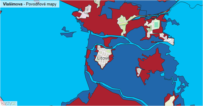 Vlašímova - záplavové mapy stoleté vody