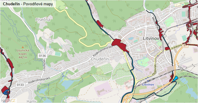 Chudeřín - záplavové mapy stoleté vody