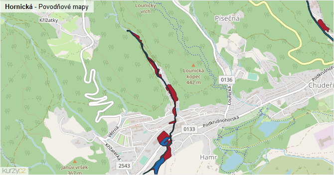 Hornická - záplavové mapy stoleté vody