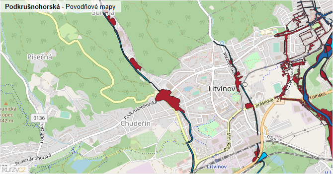 Podkrušnohorská - záplavové mapy stoleté vody