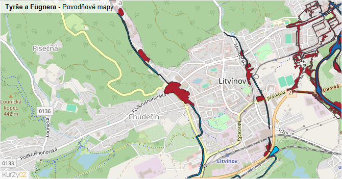 Tyrše a Fügnera - záplavové mapy stoleté vody