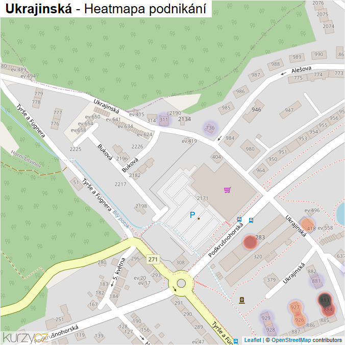 Mapa Ukrajinská - Firmy v ulici.