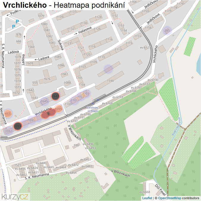 Mapa Vrchlického - Firmy v ulici.