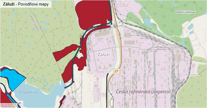 Záluží - záplavové mapy stoleté vody