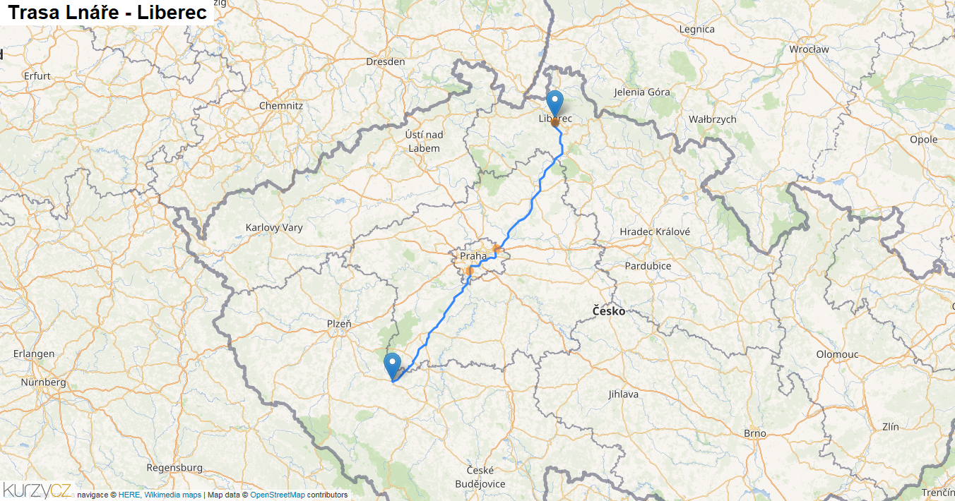 Lnáře-Liberec, mapa trasy