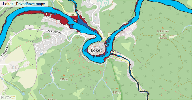 Loket - záplavové mapy stoleté vody