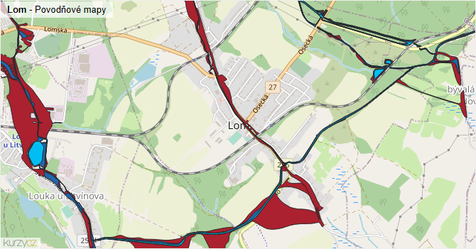 Lom - záplavové mapy stoleté vody