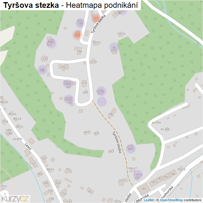 Mapa Tyršova stezka - Firmy v ulici.