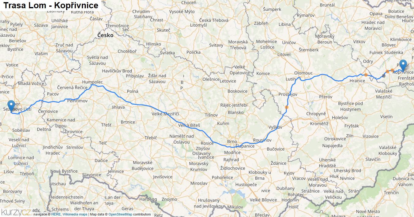 Lom-Kopřivnice, mapa trasy