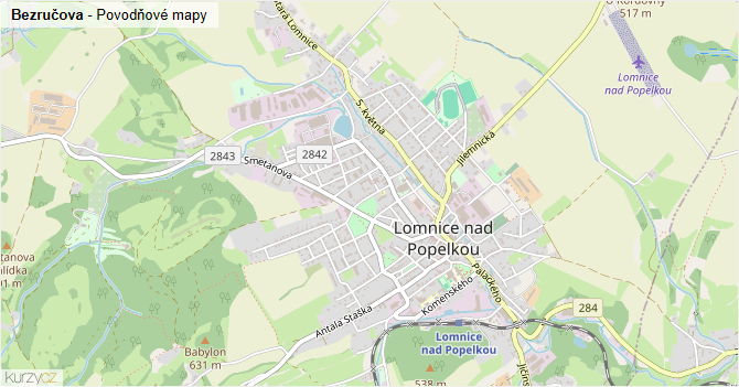 Bezručova - záplavové mapy stoleté vody
