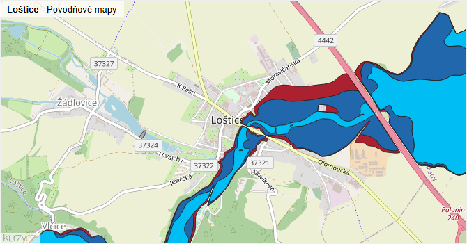 Loštice - záplavové mapy stoleté vody