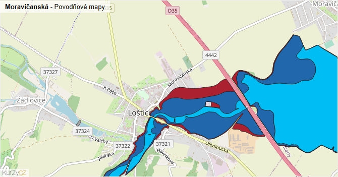 Moravičanská - záplavové mapy stoleté vody