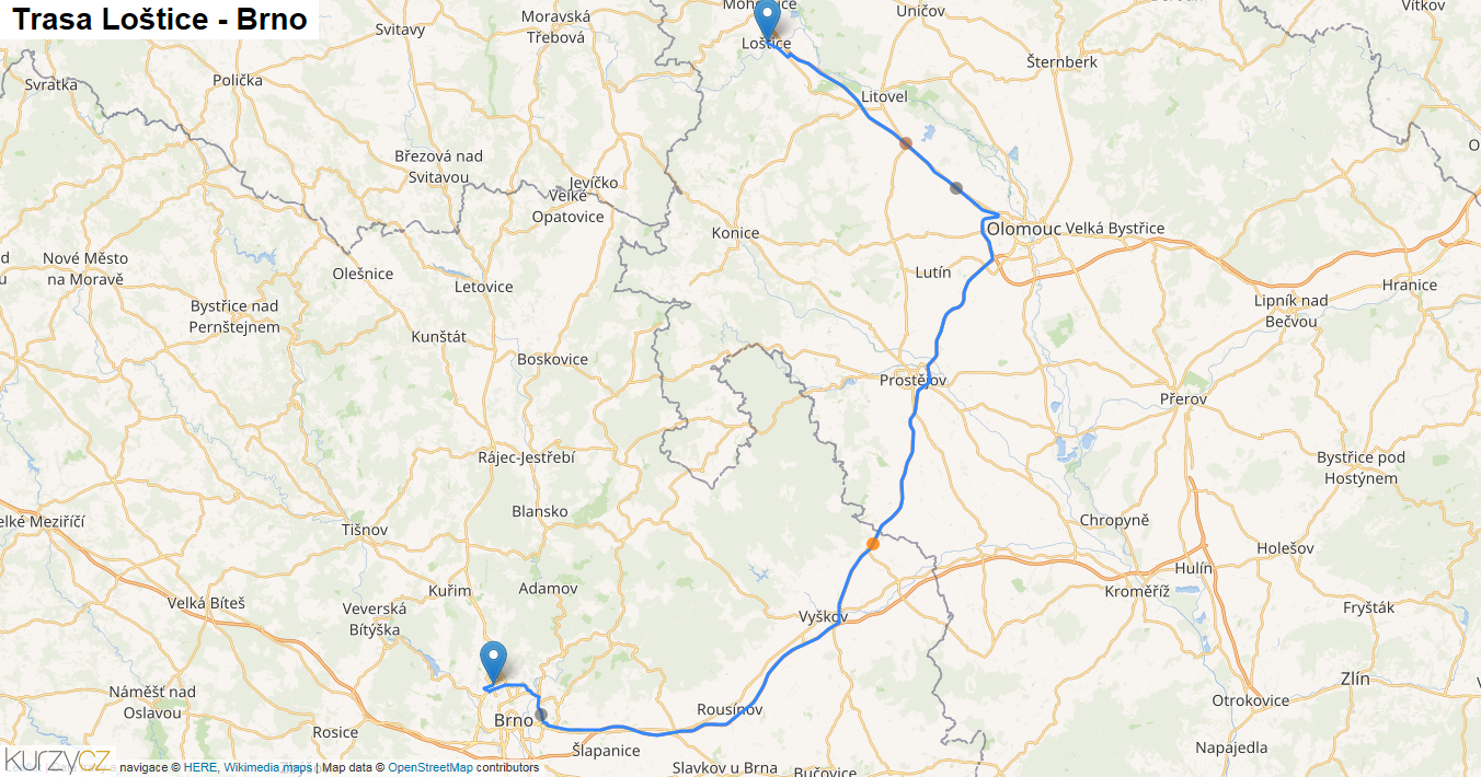 Loštice-Brno, mapa trasy