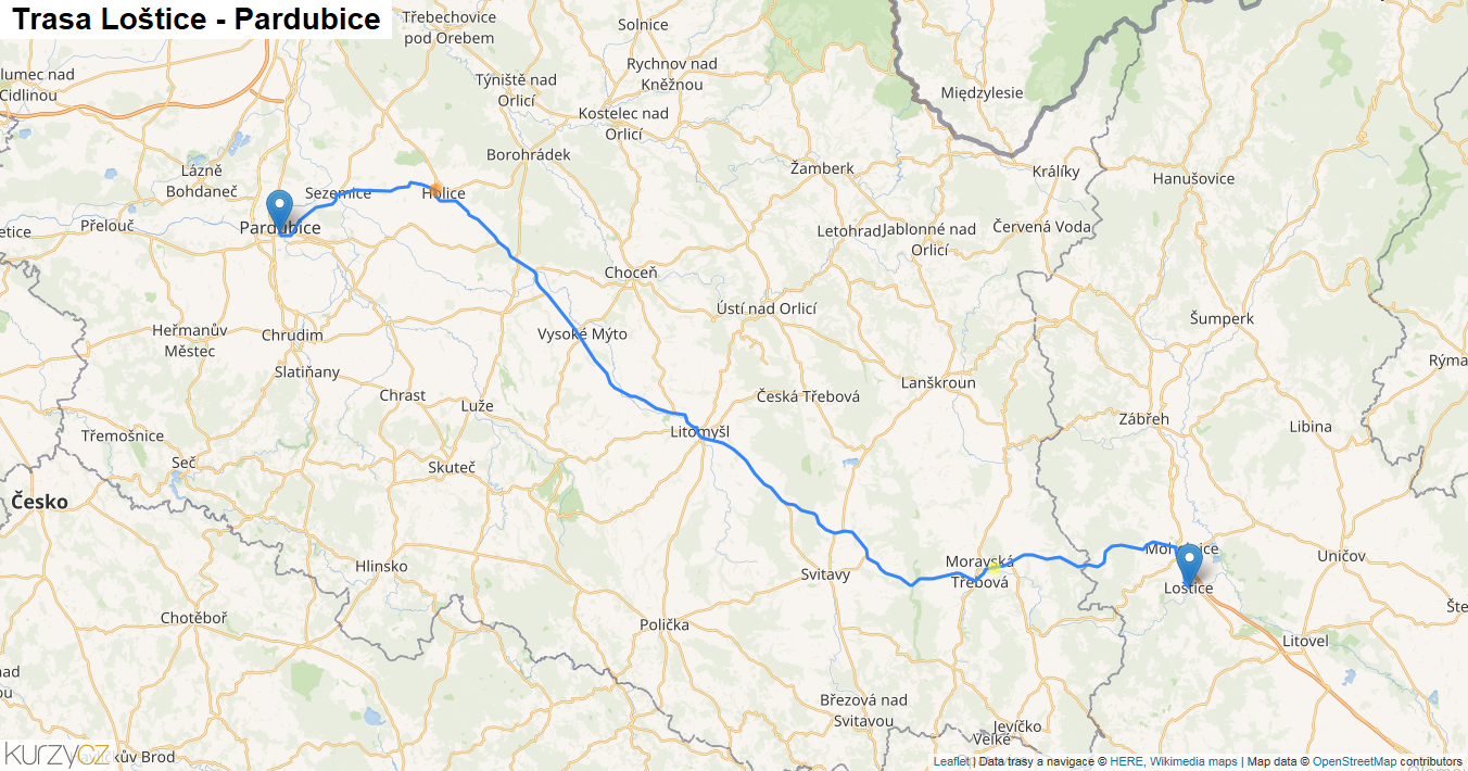 Loštice-Pardubice, mapa trasy