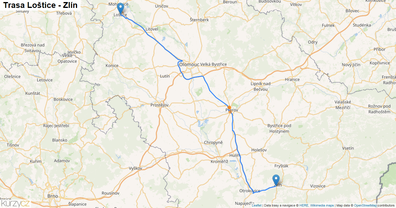 Loštice-Zlín, mapa trasy