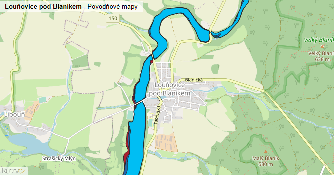 Louňovice pod Blaníkem - záplavové mapy stoleté vody