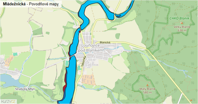 Mládežnická - záplavové mapy stoleté vody