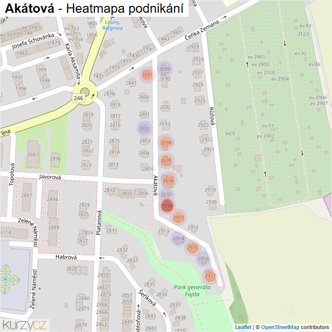 Mapa Akátová - Firmy v ulici.