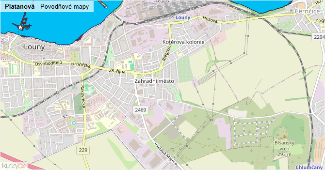 Platanová - záplavové mapy stoleté vody