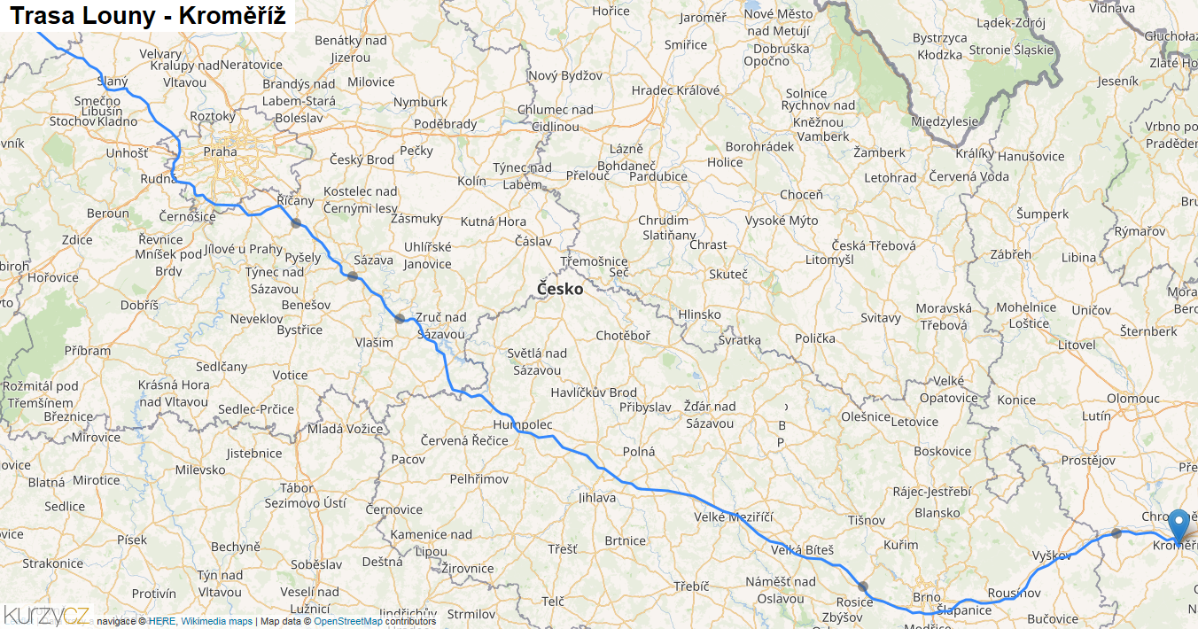 Louny-Kroměříž, mapa trasy